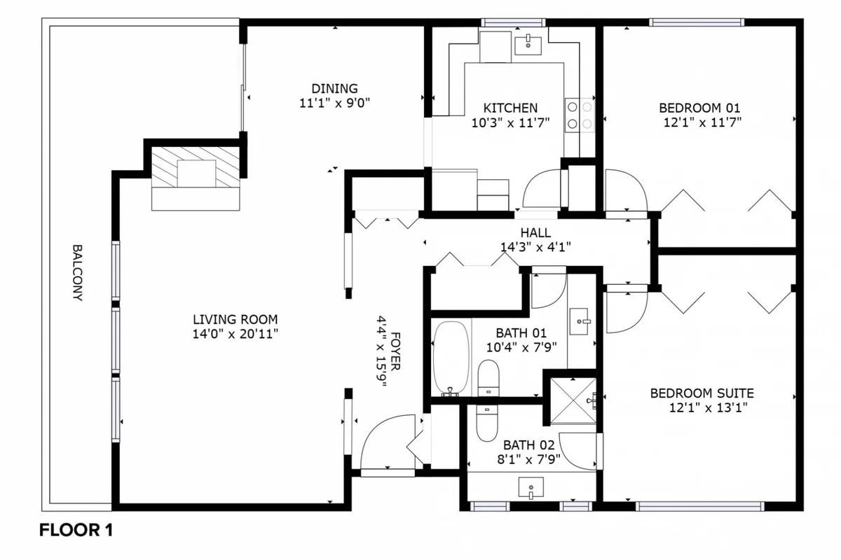 An open-concept interior shot revealing the seamless flow between the living room, kitchen, dining area, and a glimpse of the bedrooms. The unified design showcases multiple spaces where guests can relax, cook, dine, and interact—embodying the heart of cottage living.